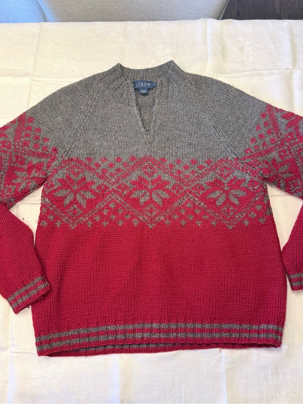 Vintage 100% Wool J. Crew Gray and Red Fair Isle Quarter-Zip Sweater winter